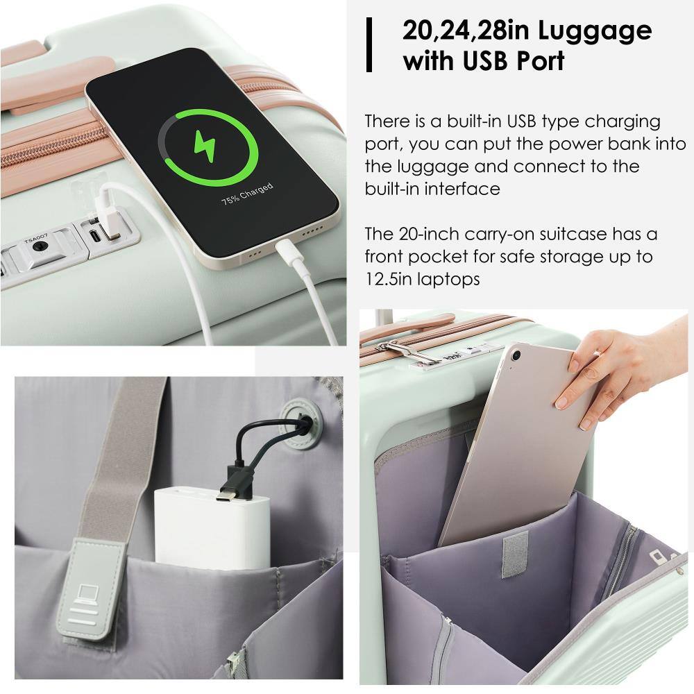 20, 24, 28in Luggage with USB Port

There is a built-in USB type charging port, you can put the power bank into the luggage and connect to the built-in interface.

The 20-inch carry-on suitcase has a front pocket for safe storage up to 12.5in laptops.