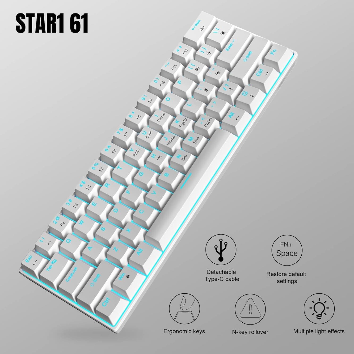 STAR1 61

Back Del F12 Enter Fn OShift F11 Ctrl F10 F9 F8 Pause Alt PgUp PgDn 7& F7 Scrik Home M End V9 F6 PrtSc Ins Z Del F5 T G F4 R F 3# F3 E C  F2 W S x F1 Q FN+ A N Space Esc Tab

Detachable CapsLock Restore default 2145 <> Win Type-C cable settings Ctrl !

Ergonomic keys
N-key rollover
Multiple light effects