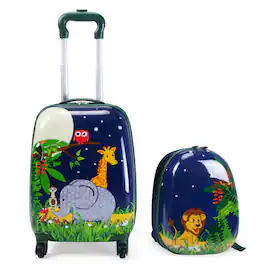 Costway - 2Pcs 12'' 16'' Kids Luggage Set Suitcase Backpack School Travel Trolley ABS - dark blue