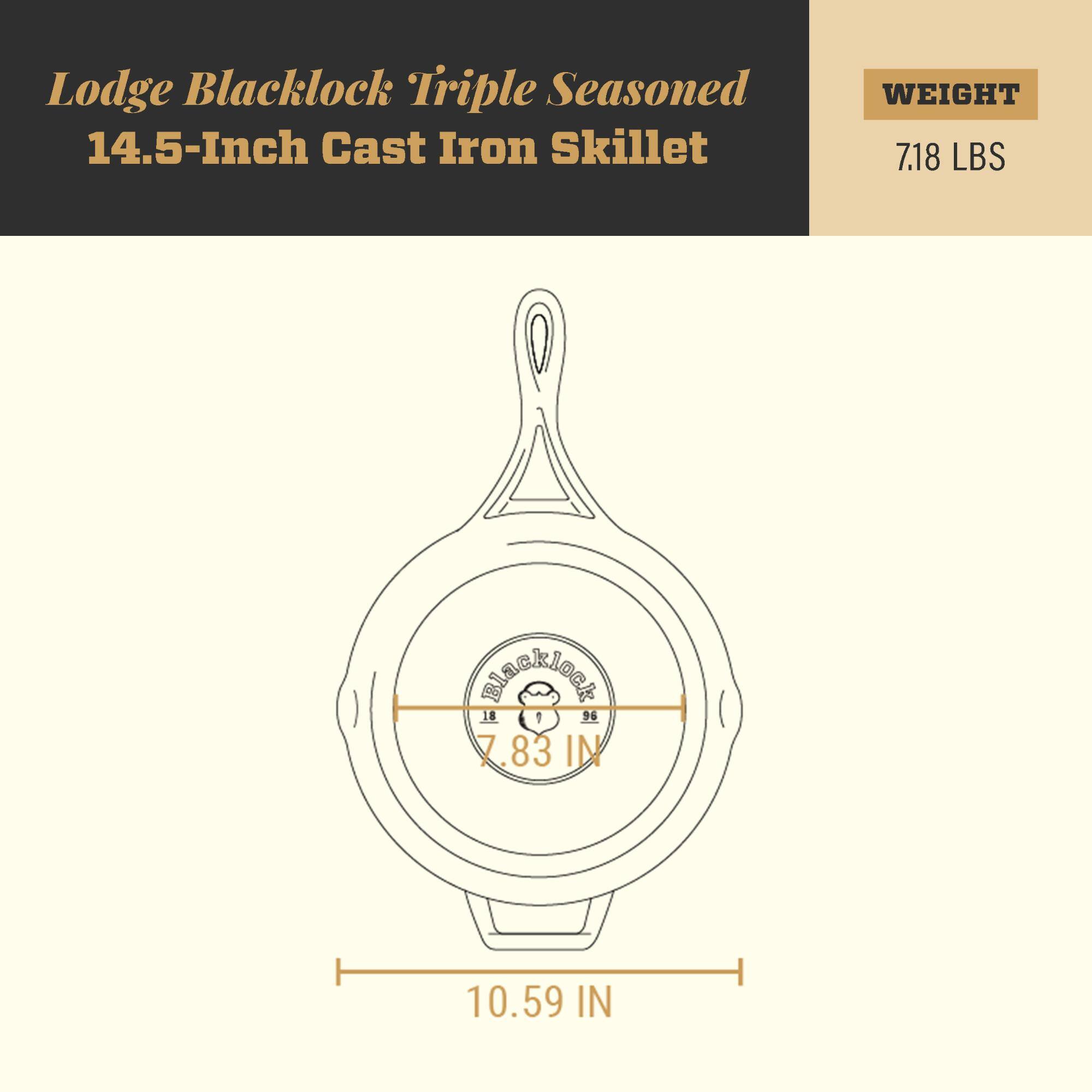 Lodge Blacklock Triple Seasoned 14.5-Inch Cast Iron Skillet  
WEIGHT: 7.18 LBS  
18 1 96  
7.83 IN  
10.59 IN