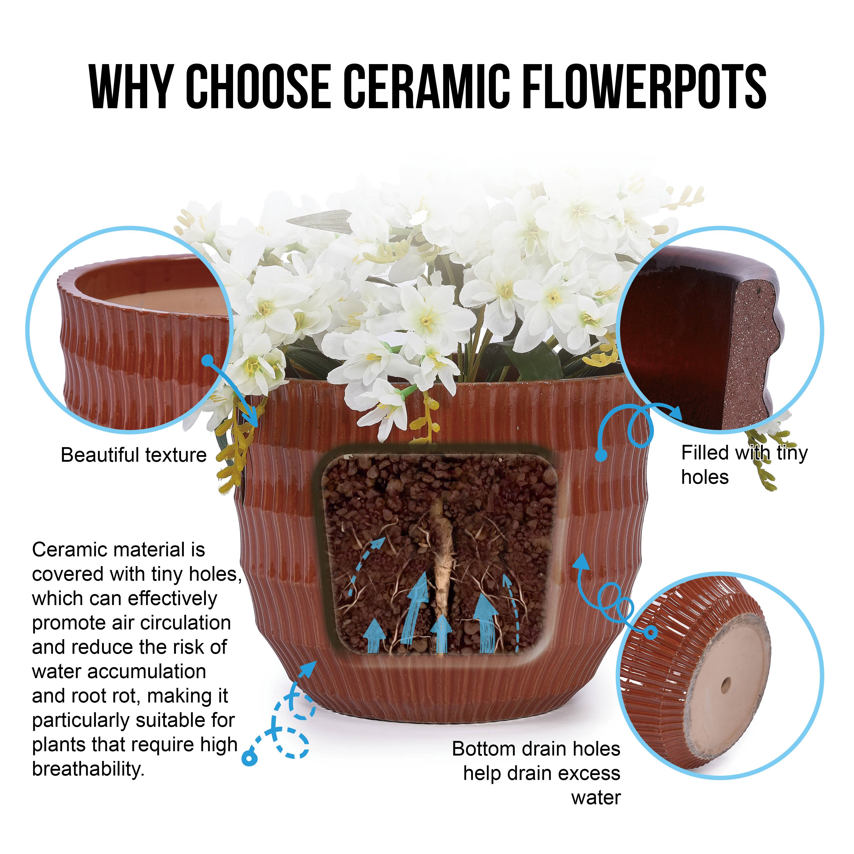 WHY CHOOSE CERAMIC FLOWER POTS

Beautiful texture

Ceramic material is covered with tiny holes, which can effectively promote air circulation and reduce the risk of water accumulation and root rot, making it particularly suitable for plants that require high breathability.

Filled with tiny holes

Bottom drain holes help drain excess water