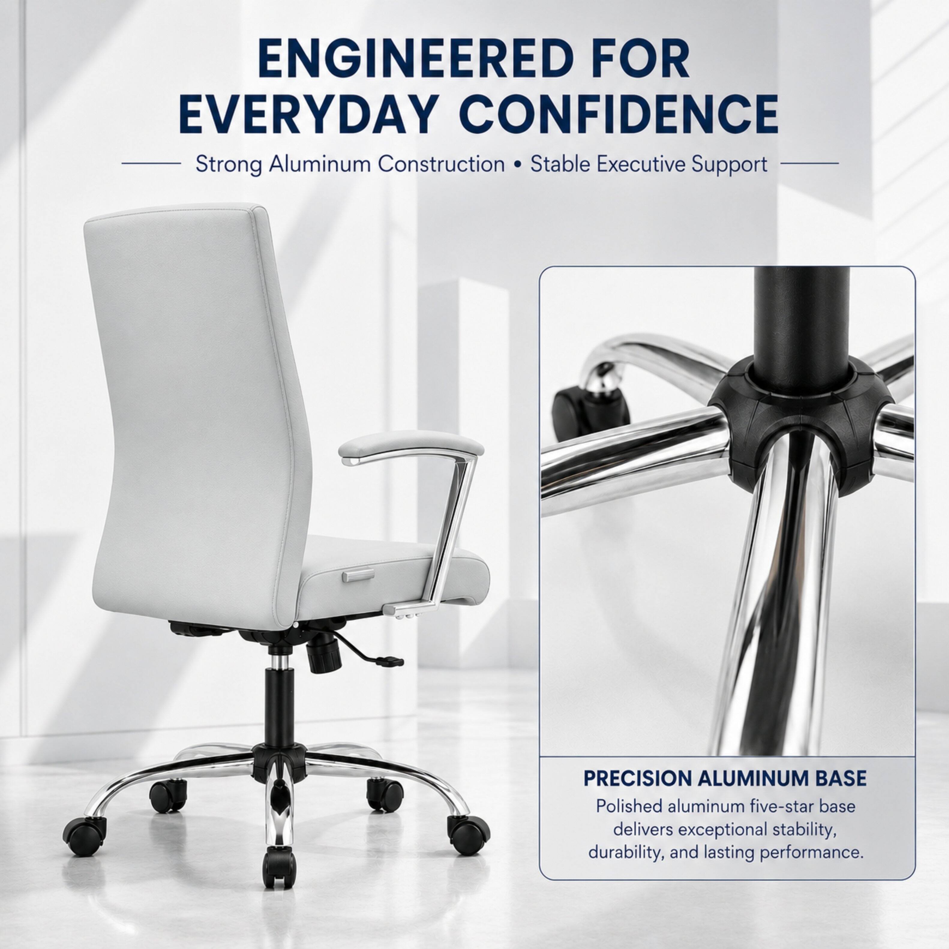 ENGINEERED FOR EVERYDAY CONFIDENCE  
Strong Aluminum Construction • Stable Executive Support  

PRECISION ALUMINUM BASE  
Polished aluminum five-star base delivers exceptional stability, durability, and lasting performance.