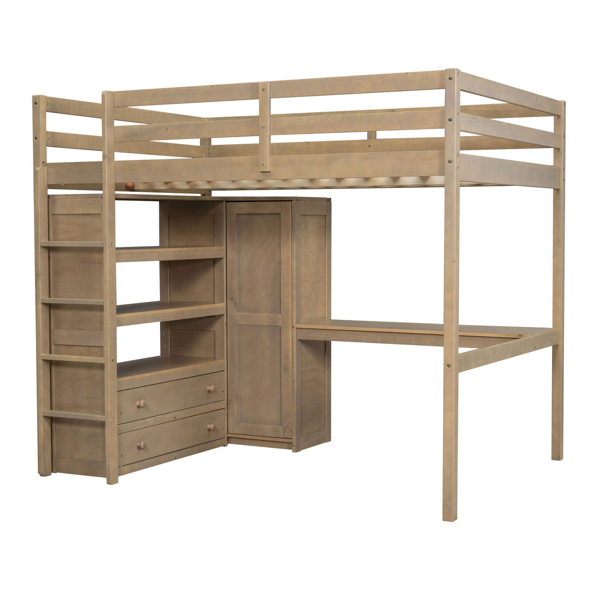 Alt View 2. Whisen - Full Size Wood Loft Bed with Built-in Wardrobe, Desk, Storage Shelves and Drawers - Walnut.