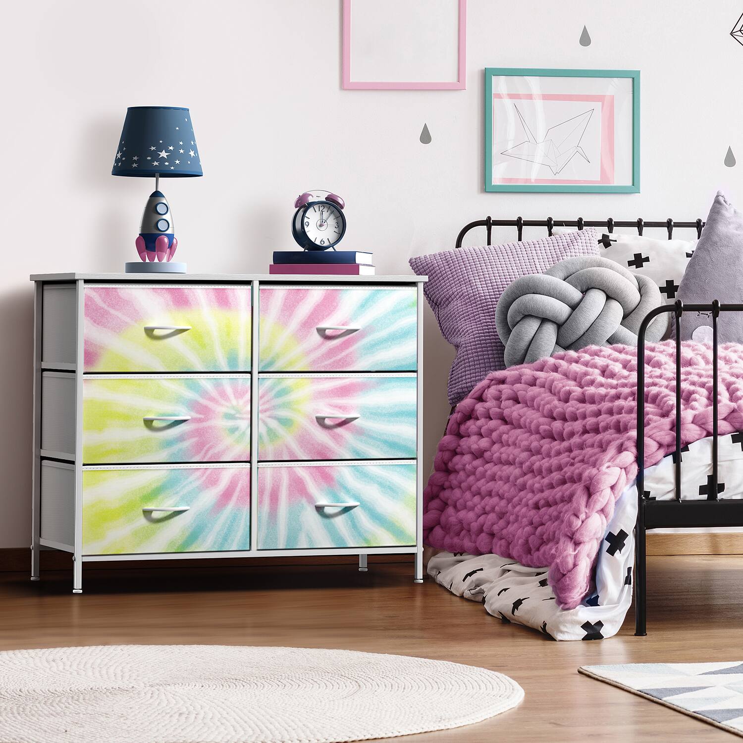 Angle. Sorbus - Sorbus Dresser with 6 Drawers, Furniture Storage Tower Unit for Bedroom, Hallway, Closet Wood Top Fabric Drawers Chest - Tie-Dye Pink Yellow Blue.