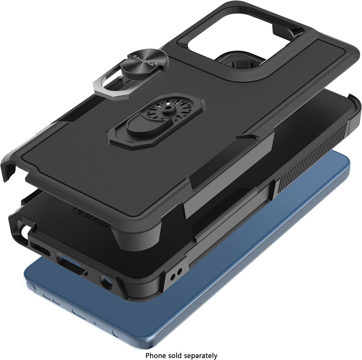 The image shows a black case for a phone, which is sold separately. The case is designed to hold a phone securely and protect it from damage. The case is made of durable materials and features a blue base, which provides a contrast to the black case. The case is designed to be compatible with a variety of phone models, making it a versatile accessory for phone users.