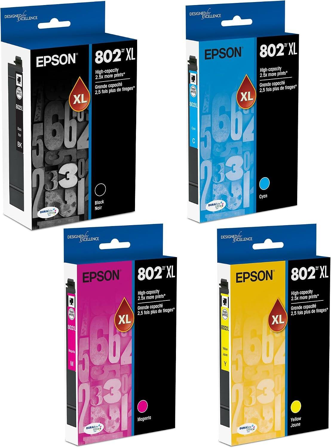 DESIGNED FOR EXCELLENCE

EPSON 802 XL

High-capacity
2.5x more prints*
Grande capacité
2,5 fois plus de tirages*

XL

Black
Noir

Cyan

Magenta

Yellow
Jaune