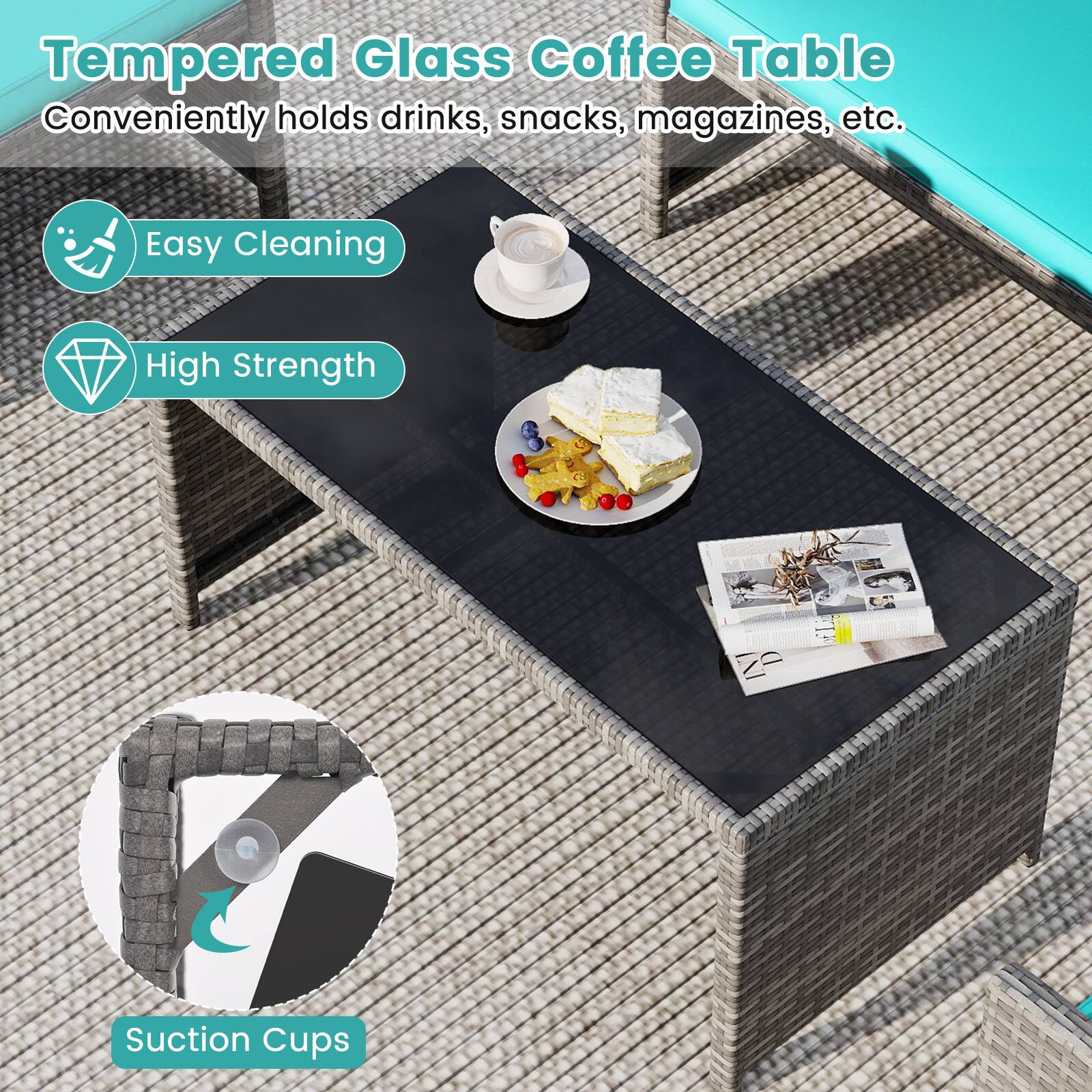 Tempered Glass Coffee Table  
Conveniently holds drinks, snacks, magazines, etc.

- Easy Cleaning
- High Strength
- Suction Cups