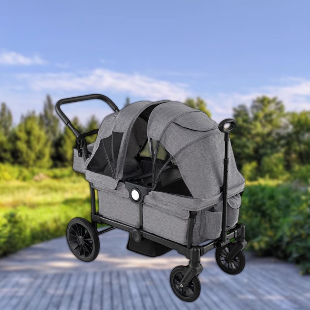 Hivvago - Dual Seat Foldable Kids Wagon Stroller with Convertible Push and Pull Adjustable Handlebar - Gray