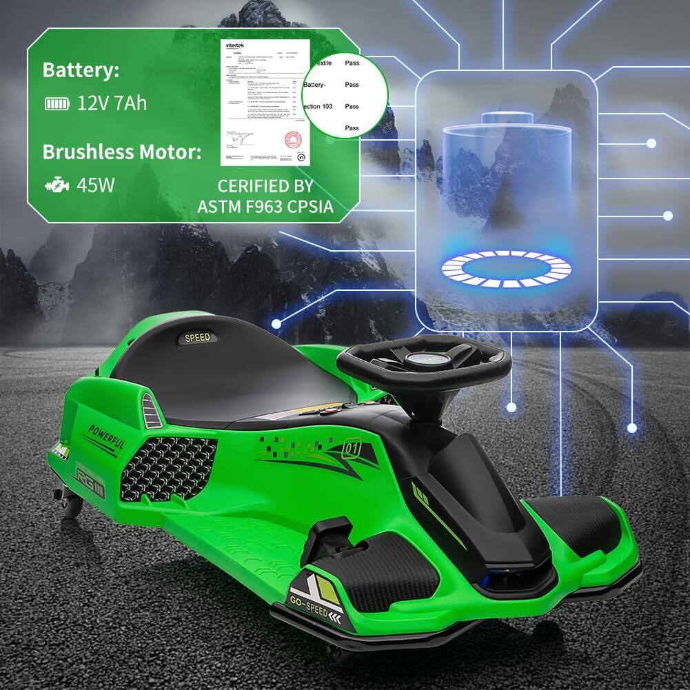 Battery:  
12V 7Ah  

Brushless Motor:  
45W  

CERIFIED BY  
ASTM F963 CPSIA  

Battery:  
103  
Pass  
Pass  
Pass  
Pass  

POWERFUL  
GO-SPEED