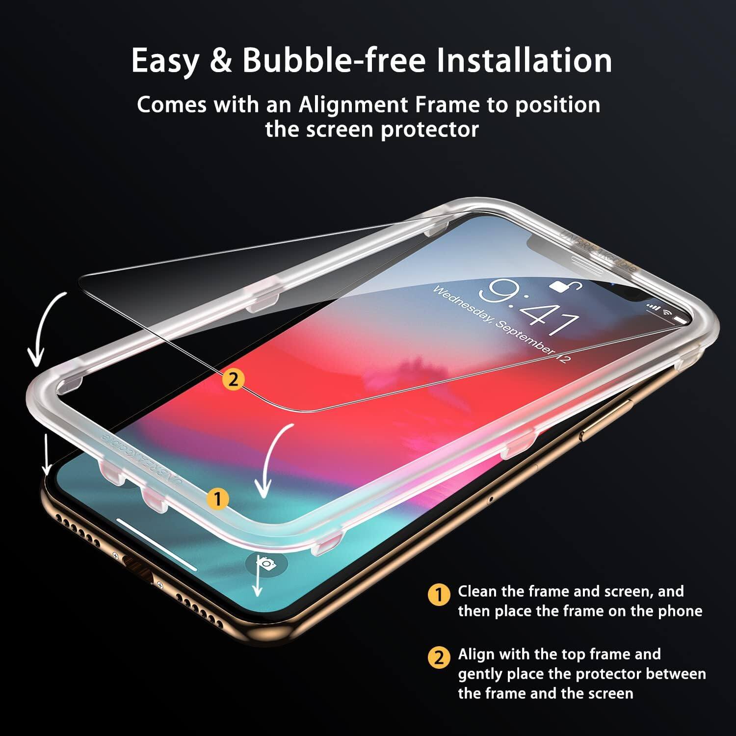 Easy & Bubble-free Installation  
Comes with an Alignment Frame to position the screen protector

1. Clean the frame and screen, and then place the frame on the phone
2. Align with the top frame and gently place the protector between the frame and the screen