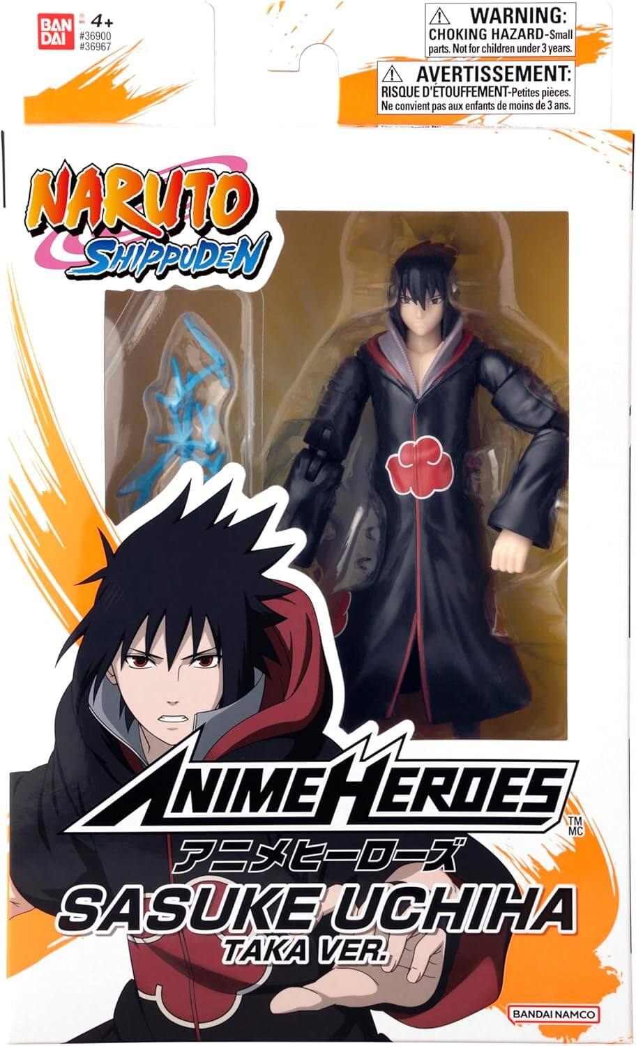 BAN 4+ DAI #36900 #36967  
NARUTO SHIPPUDEN  
WARNING: CHOKING HAZARD - Small parts. Not for children under 3 years.  
AVERTISSEMENT: RISQUE D'ÉTOUFFEMENT - Petites pièces. Ne convient pas aux enfants de moins de 3 ans.  
ANIME HEROES TM MC  
SASUKE UCHIHA TAKA VER.  
BANDAI NAMCO