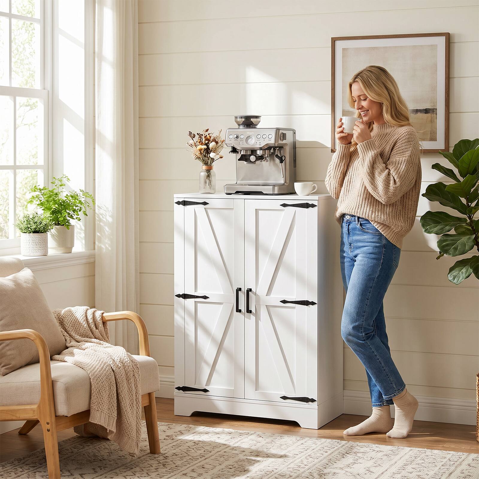 Alt View 4. Aheaplus - 44" Wide Pantry Cabinet Set of 2, 43.4" Tall Farmhouse Storage Cabinet with Adjustable Shelves for Kitchen/Dining - White.