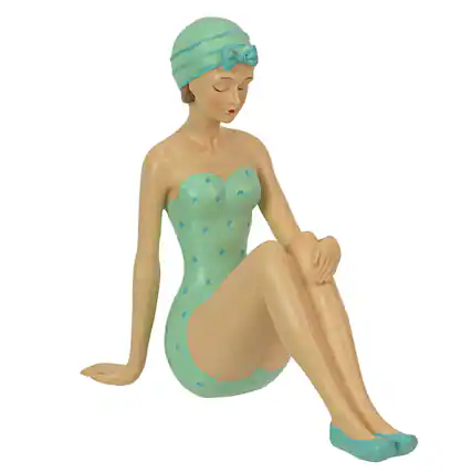 Front. Fancy That - Vintage Bathing Beauty Beach Girl Teal and Blue Polka Dot Swimsuit Statue - Blue.