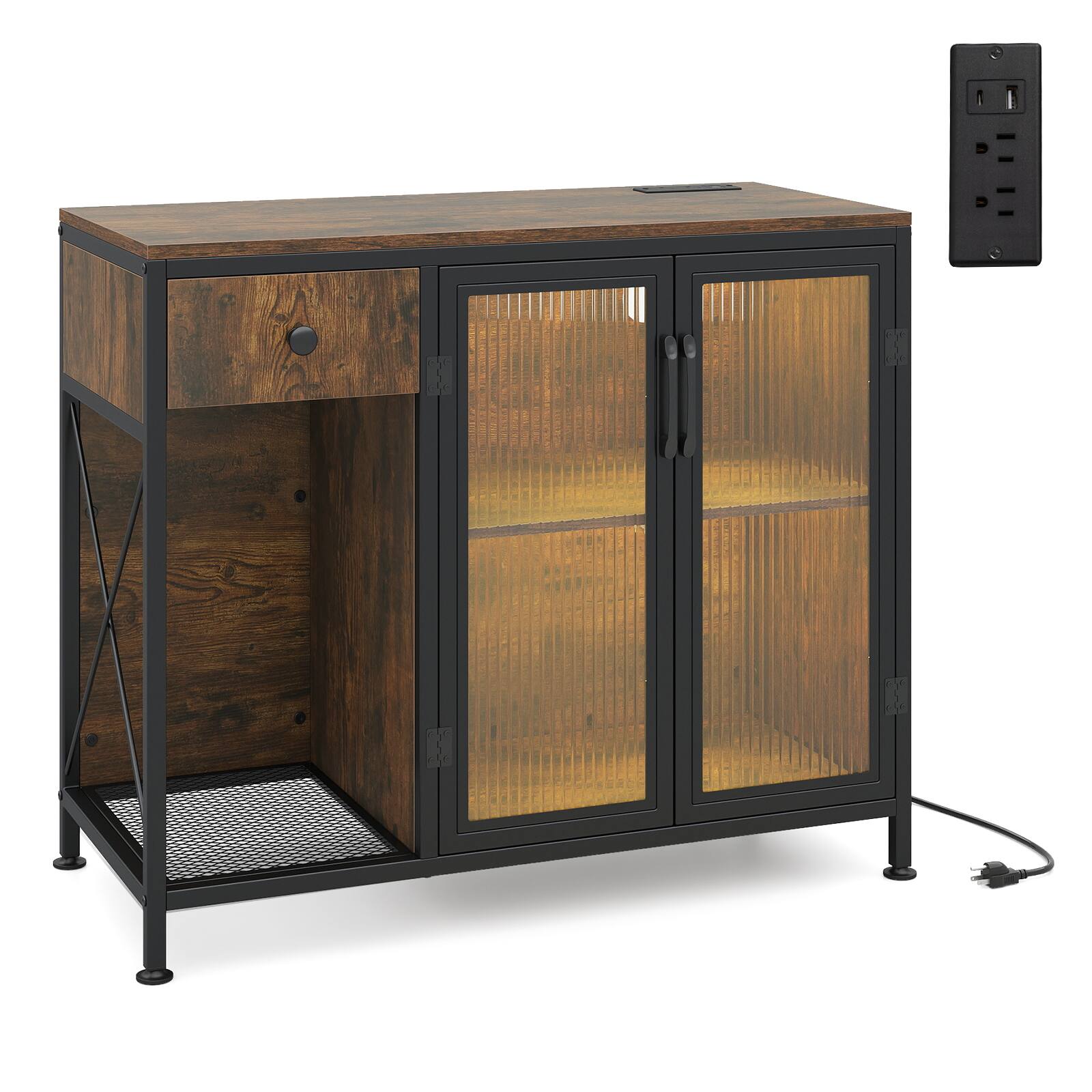 Alt View 9. Costway - Costway Buffet Sideboard Cabinet, 34" Kitchen Cabinet with Adjustable RGB LED Lights - Rustic Brown and Black.