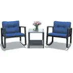 Front. Costway - 3PCS Patio Rattan Furniture Set Rocking Chairs Cushioned Sofa - Navy.