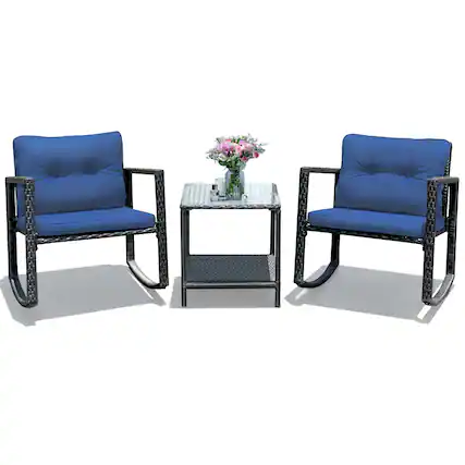 Front. Costway - 3PCS Patio Rattan Furniture Set Rocking Chairs Cushioned Sofa - Navy.