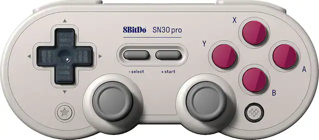 The text on the image reads: "8BitDo SN30 Pro Y X -select + start".