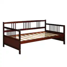 Costway - Twin Size Wooden Slats Daybed Bed Sofa Support Platform Sturdy W/Rails Cherry - Espresso