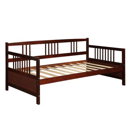 Front. Costway - Costway Twin Size Wooden Slats Daybed Bed Sofa Support Platform Sturdy W/Rails Cherry - Espresso.