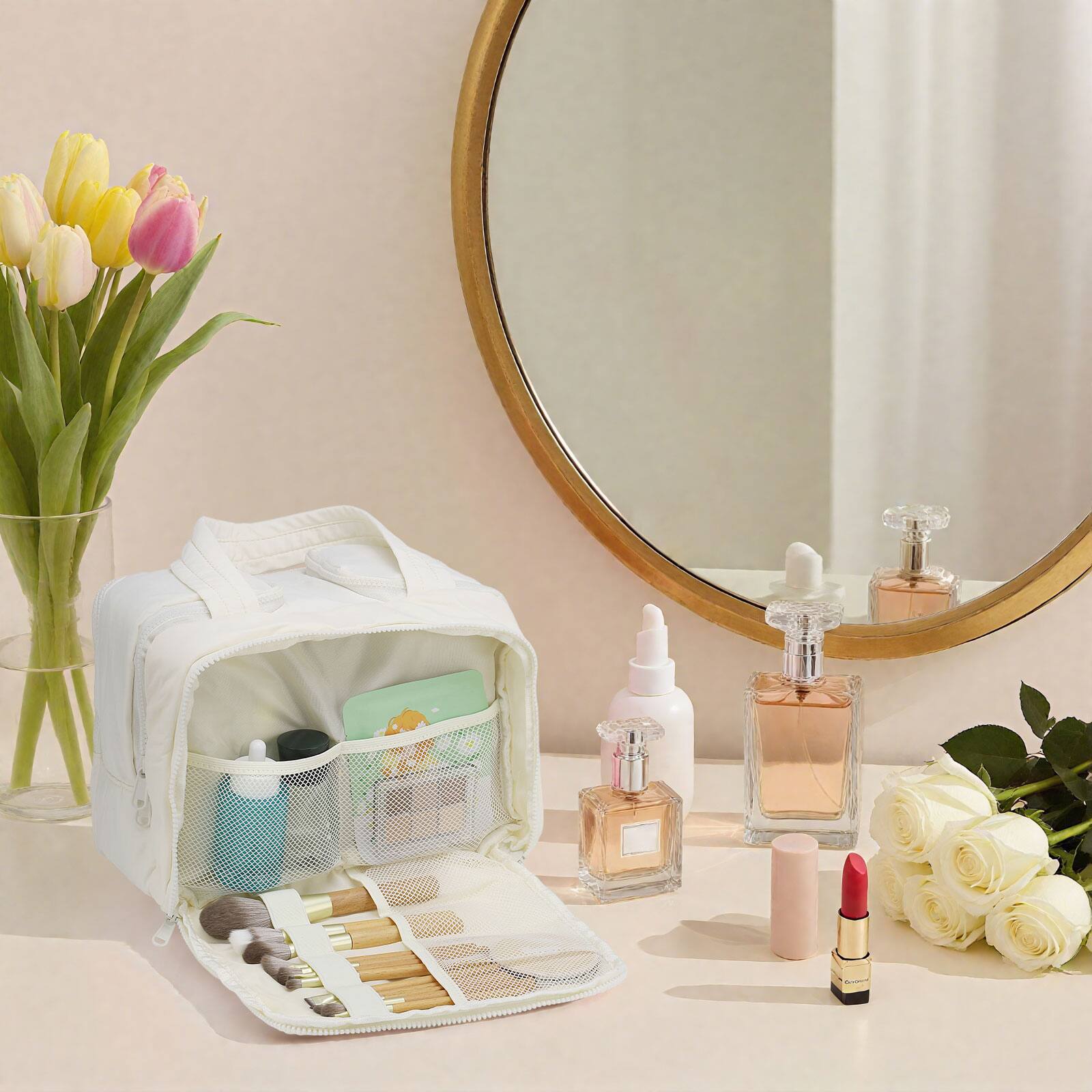 Alt View 3. Unique Bargains - Puffy Makeup Bag, Large Travel Toiletry Bag, Cosmetic Organizer for Women with Handle, Lightweight - Beige.