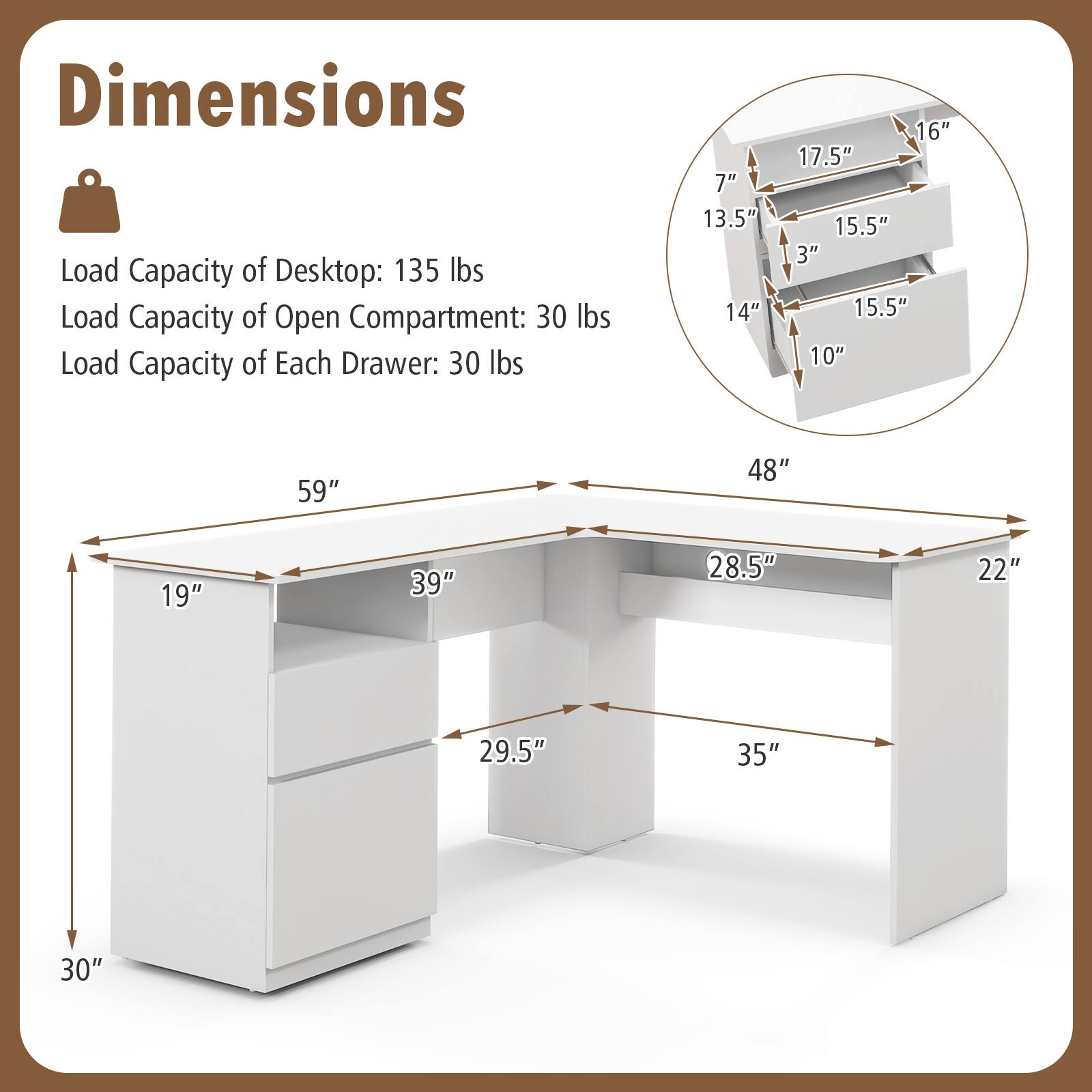 Dimensions  
Load Capacity of Desktop: 135 lbs  
Load Capacity of Open Compartment: 30 lbs  
Load Capacity of Each Drawer: 30 lbs  

- 59" (length)  
- 48" (width)  
- 30" (height)  

- 19" (depth of open compartment)  
- 39" (depth of drawers)  
- 29.5" (height of drawers)  
- 35" (height of open compartment)  

- 28.5" (depth of open compartment)  
- 22" (depth of drawers)  

Drawer Dimensions:  
- 17.5" (length)  
- 15.5" (width)  
- 14" (depth)  
- 10" (height)  

- 13.5" (length)  
- 15.5" (width)  
- 3" (height)