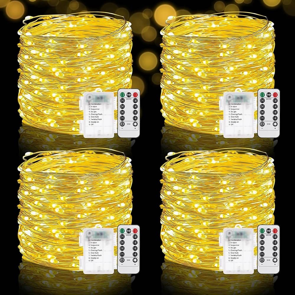 THIRSTY TURTLE - 4-Pack 33ft Fairy Lights, 100-LED Battery Operated, Warm White, Waterproof