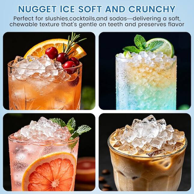 NUGGET ICE SOFT AND CRUNCHY  
Perfect for slushies, cocktails, and sodas—delivering a soft, chewable texture that's gentle on teeth and preserves flavor