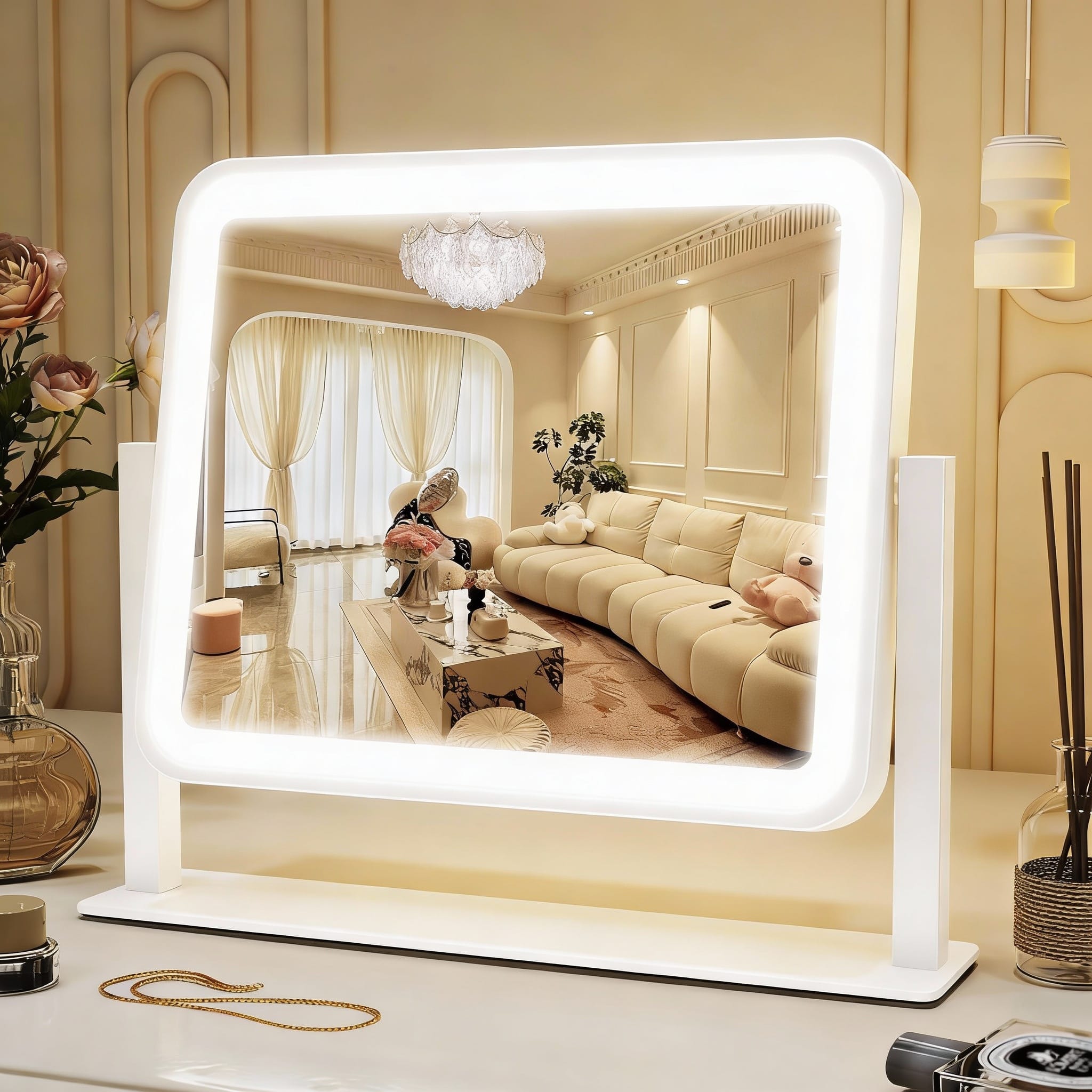 PO3TICJUNKI3 - 8"x10" USB Lighted Vanity Mirror, 3-Color Dimmable LED, Touch Control, 360° Swivel, Travel White - White 14"L x 12"W