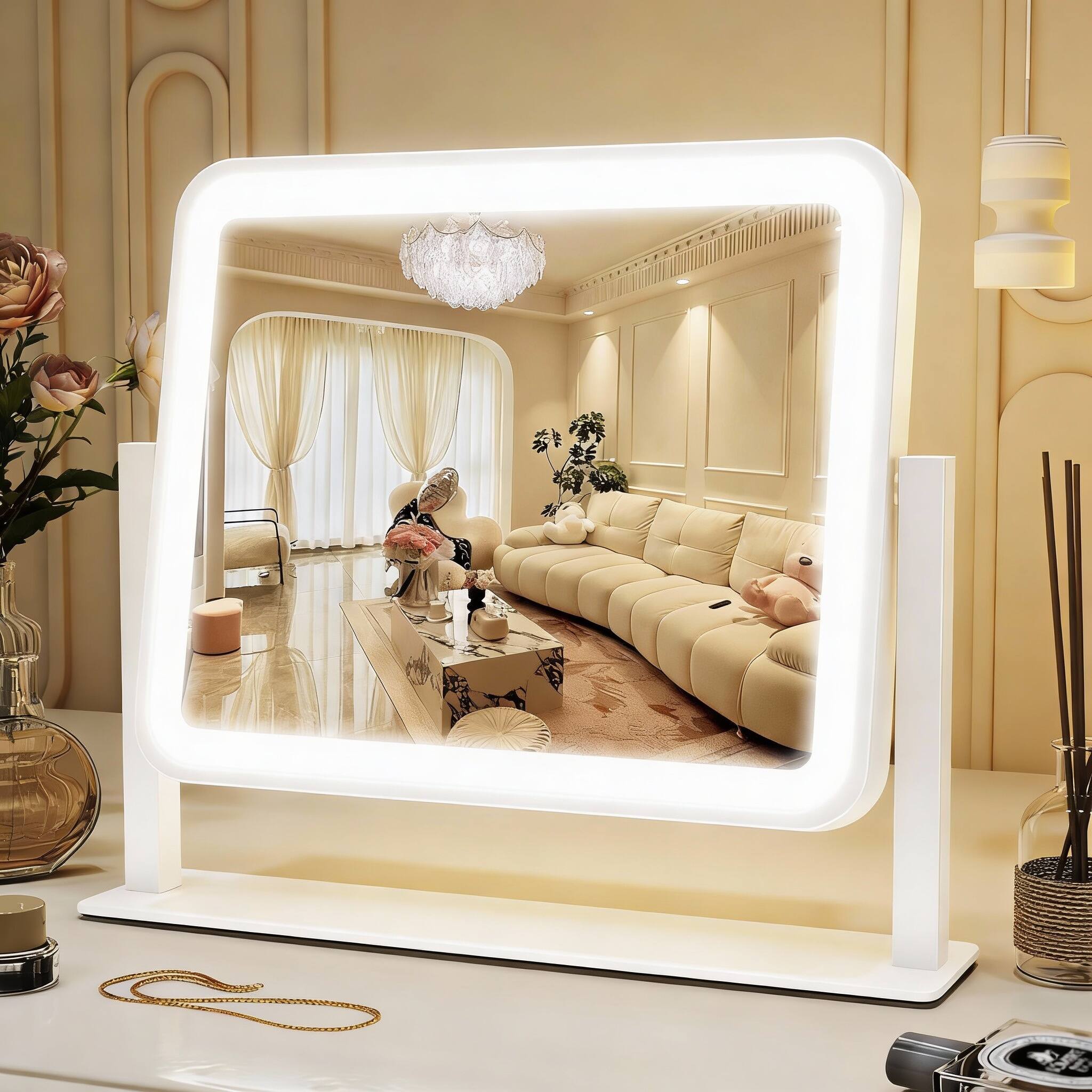 Front. PO3TICJUNKI3 - 8"x10" USB Lighted Vanity Mirror, 3-Color Dimmable LED, Touch Control, 360° Swivel, Travel White - White 14"L x 12"W.