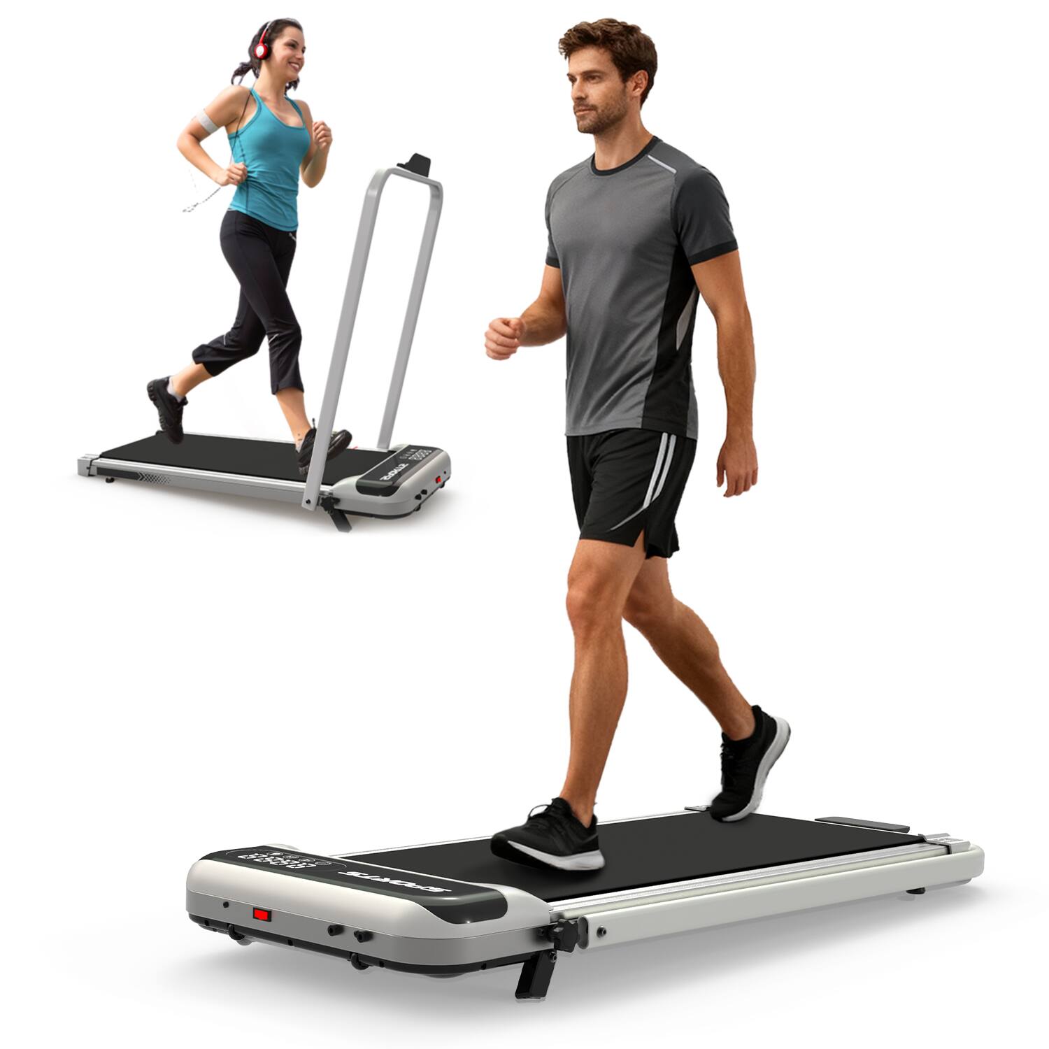 Left. Siljoy - 3-in-1 Under Desk Treadmill: Foldable, Incline, Handle Bar, Remote, LED Display. For Home/Office Walking & Jogging - Black.
