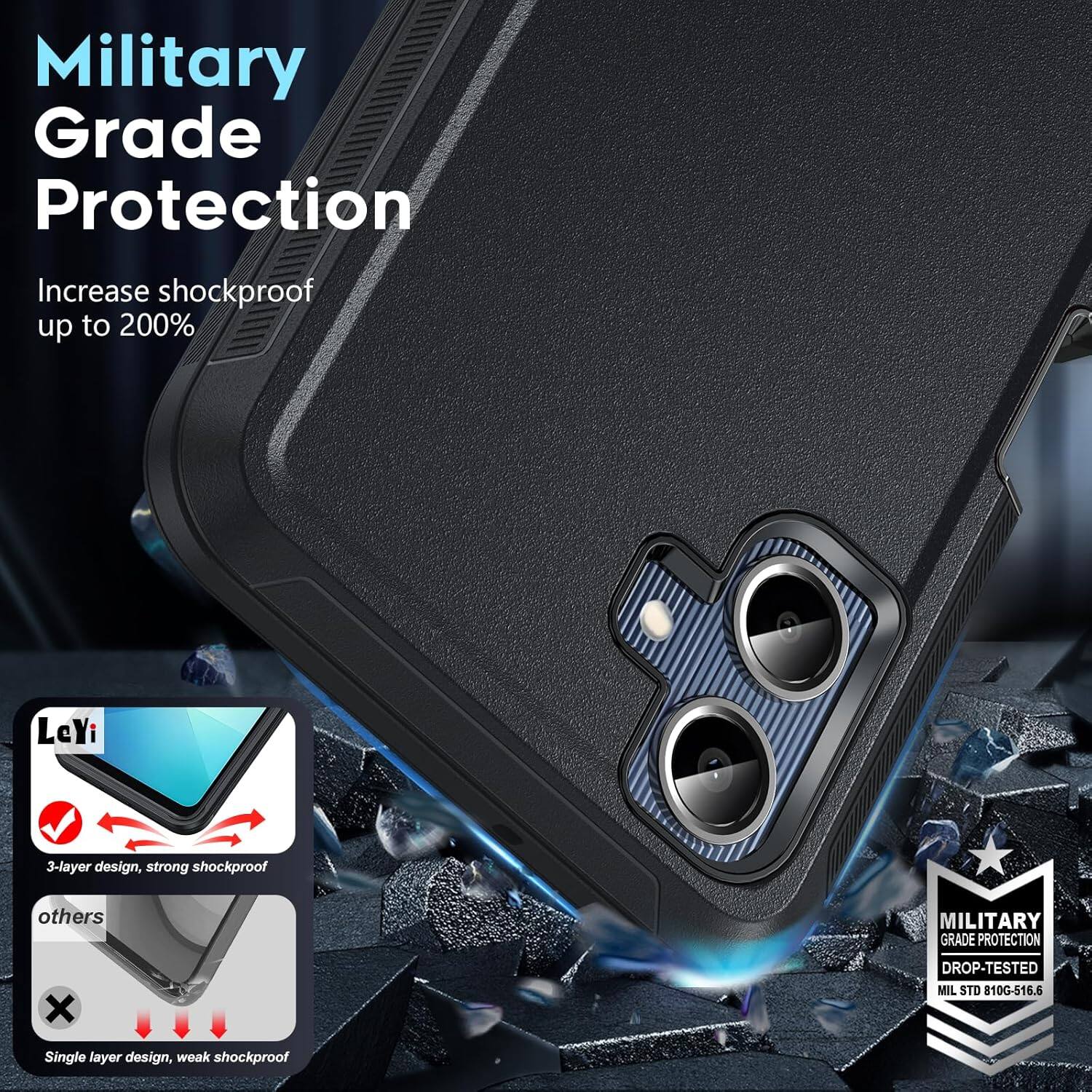 Military Grade Protection
Increase shockproof up to 200%
LeYi 3-layer design, strong shockproof
others Single layer design, weak shockproof
DROP-TESTED MIL STD 810G-516.6