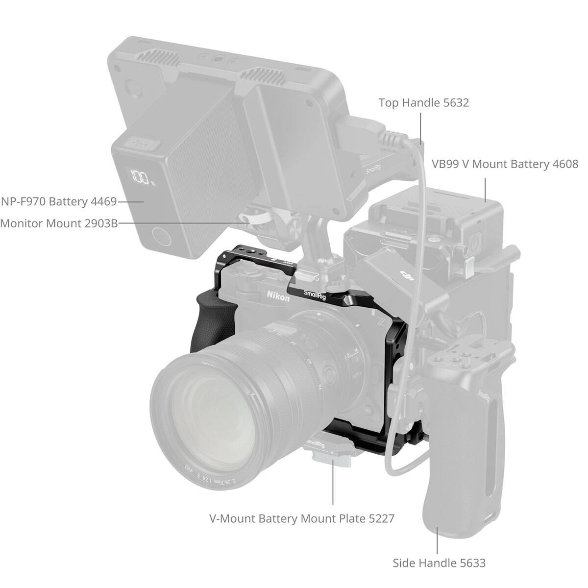 Top Handle 5632  
NP-F970 Battery 4469  
VB99 V Mount Battery 4608  
Monitor Mount 2903B  
Nikon  
Smallrig  
V-Mount Battery Mount Plate 5227  
Side Handle 5633