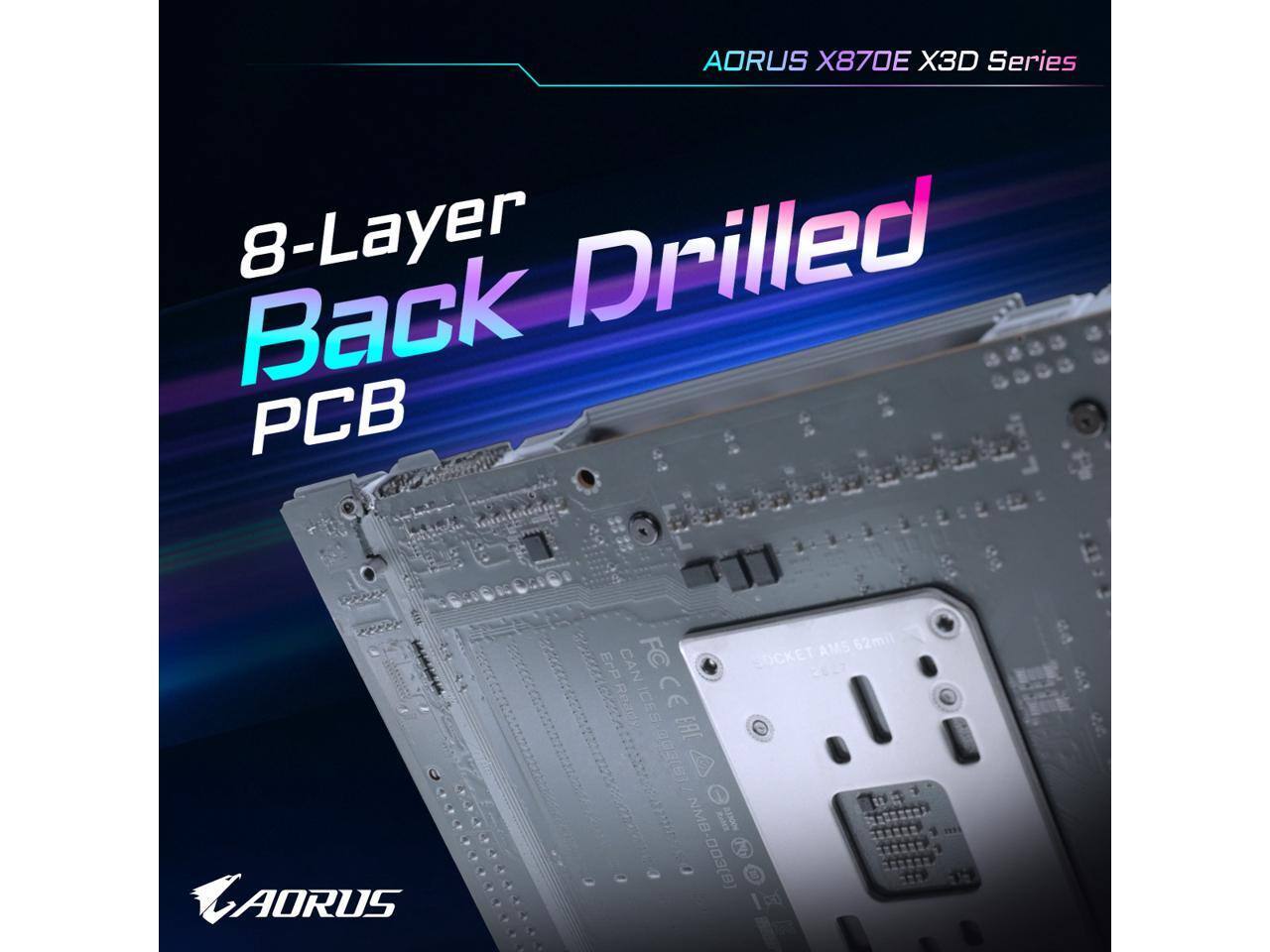 AORUS X870E X3D Series  
8-Layer Back Drilled PCB  
AORUS AMS  
62mil  
ErP  
CAN  
FC  
SOCKET  
Reads  
ICES  
CE  
EAL  
(B)00-WN/(a)500s3  
@0s(B)  
AE0  
NMB-003(B)