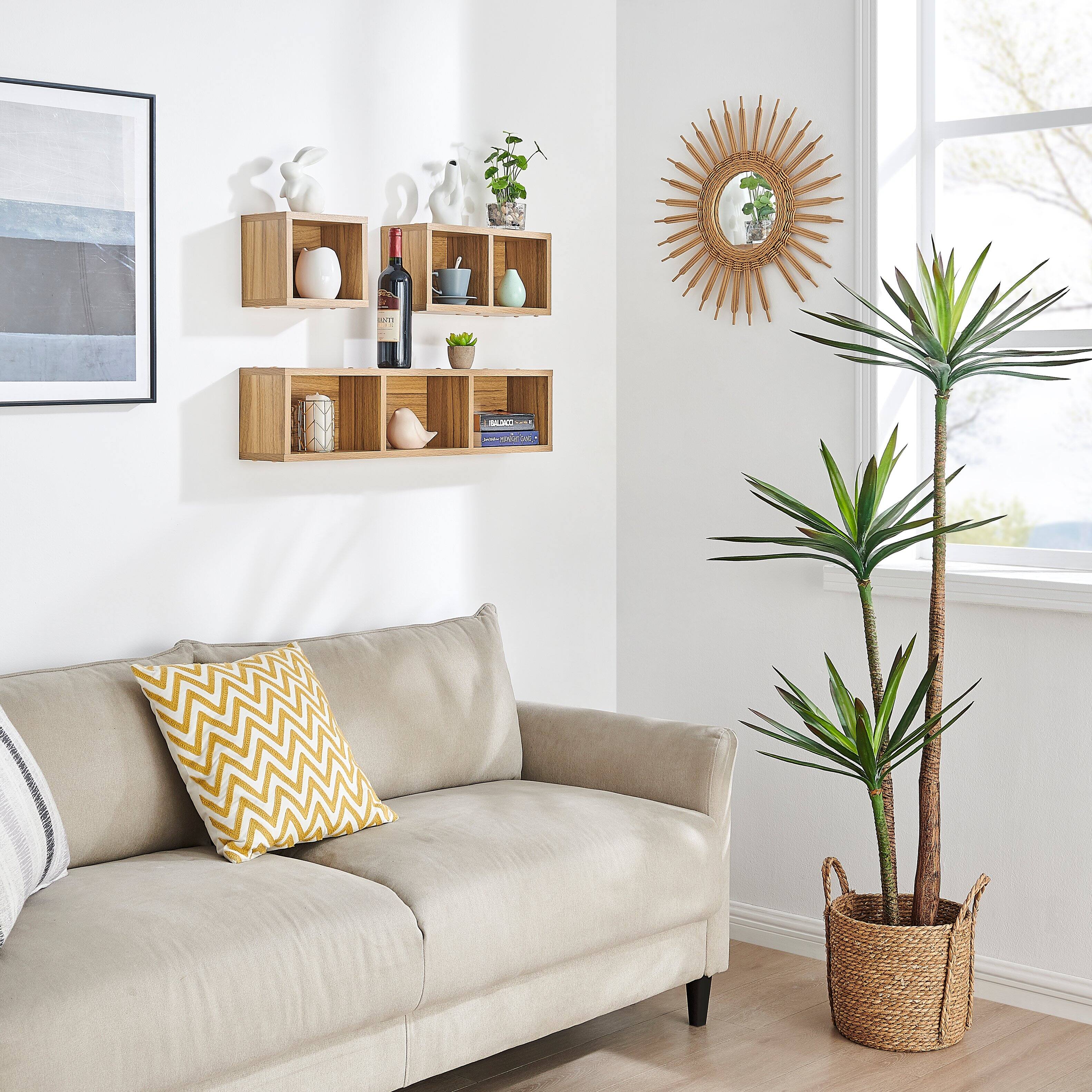 Alt View 4. Danya B - Bauhaus Floating Geometric Cubby Wall Shelves - Set of 3 Sizes - Chestnut - Chestnut.