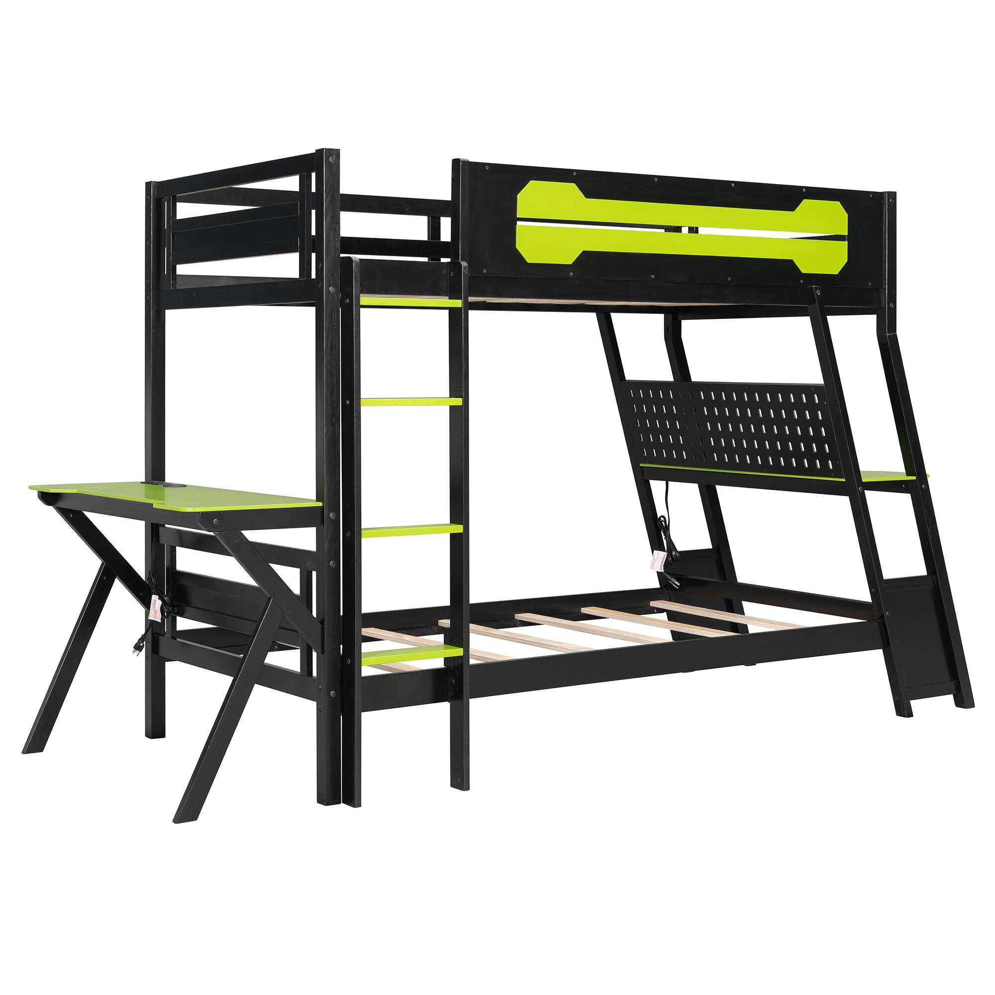 Alt View 1. Anysun - Twin Size Bunk Bed with Two Built-In Gaming Desks, USB Desktop Ports & Pegboard Organizer, Gaming Bunk Frame for Gamer - Green.