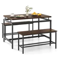 Costway 3 PCS Dining Table Set for 4 w/ 43" Wooden Kitchen Table 2 Benches Metal Frame - Brown and Black - Front_Zoom