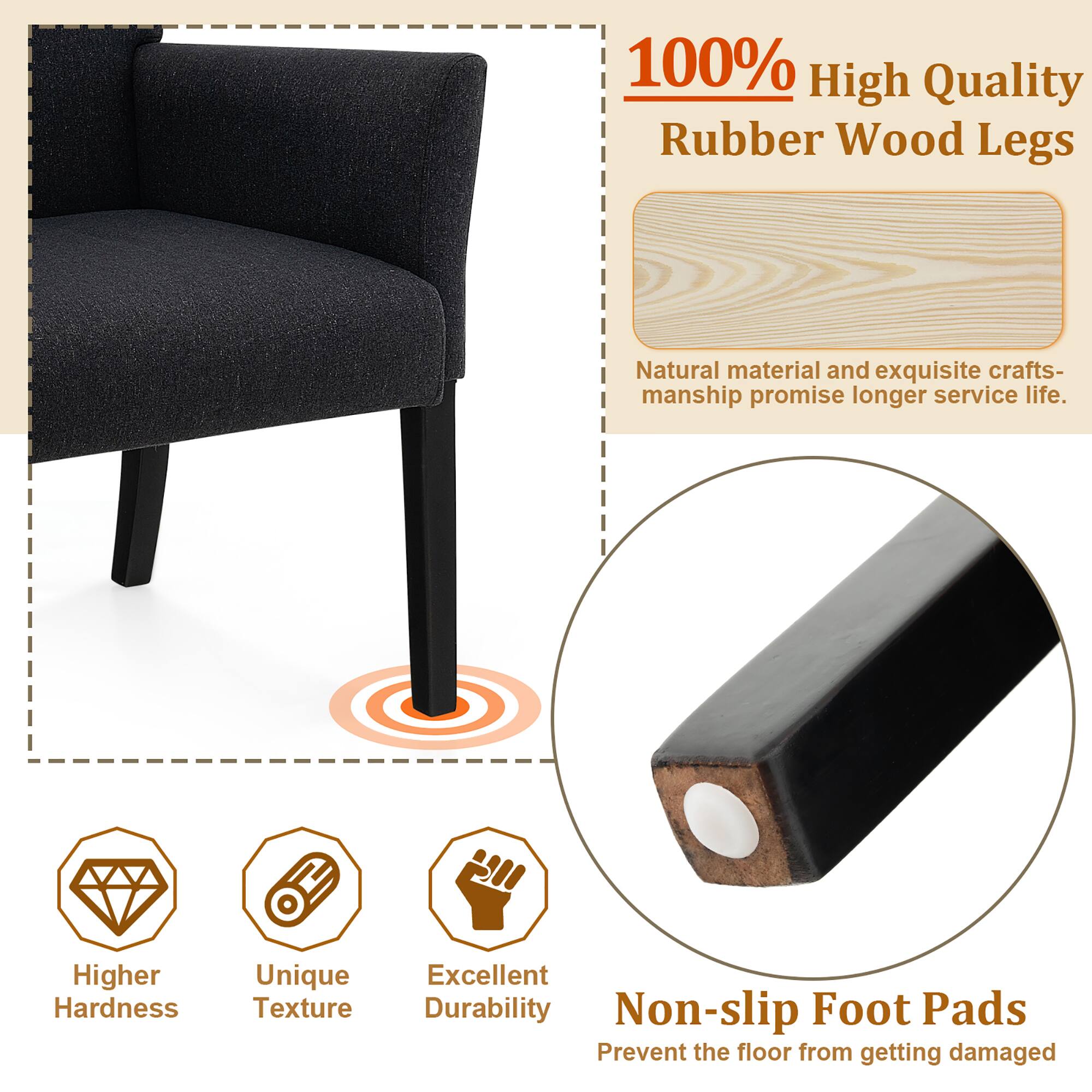 100% High Quality Rubber Wood Legs - Natural material and exquisite craftsmanship promise longer service life.

Non-slip Foot Pads - Prevent the floor from getting damaged.

Higher Hardness - Unique Texture - Excellent Durability