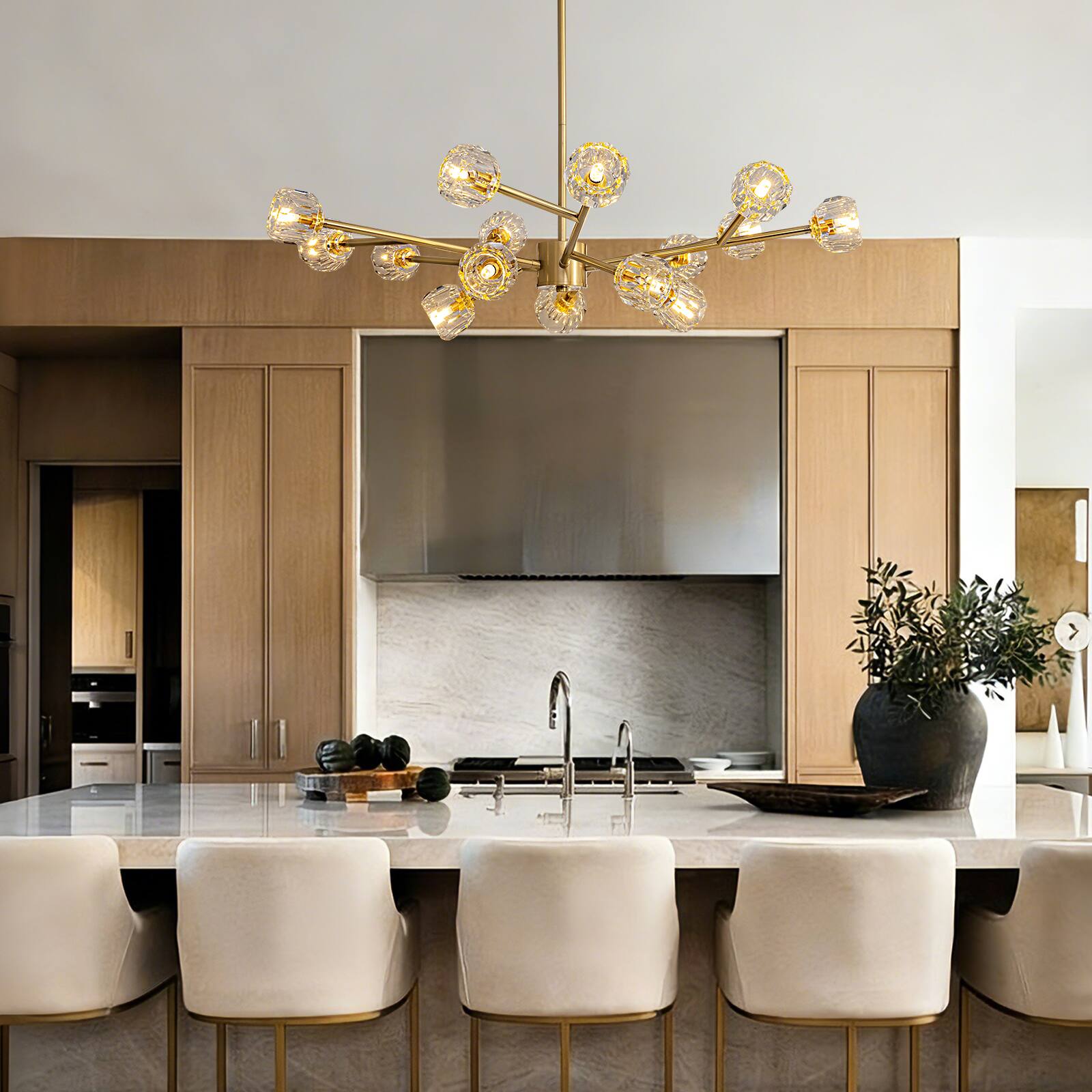Alt View 6. Siljoy - 39.4-In Modern Sputnik Chandelier 15-Light Football Shaped Lamp Heads for Bedroom Dining Room Foyer Kitchen Living Room - Gold.