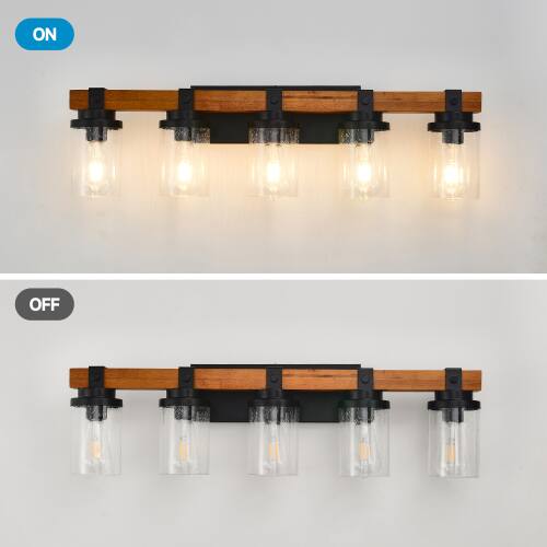 Back. LUCKY ONE - 5-Light Matte Black Wood Wall Lamp, Glass Shade Sconce for Bathroom or Bedroom Wall Mount - Matte Black,Wood.