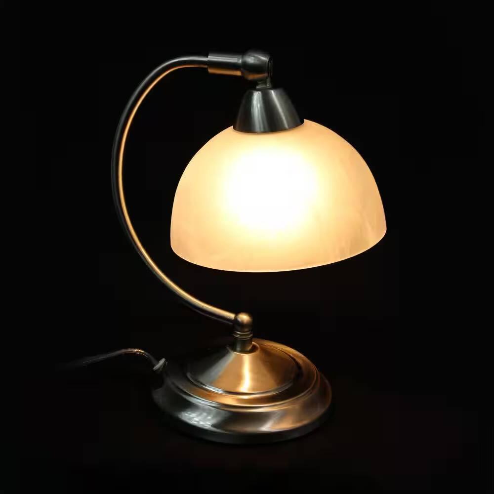 Left. Hivvago - Small Bankers Lamp Desk Light Table Lamp with Marbleized White Glass Shade - Brushed Nicke, White.
