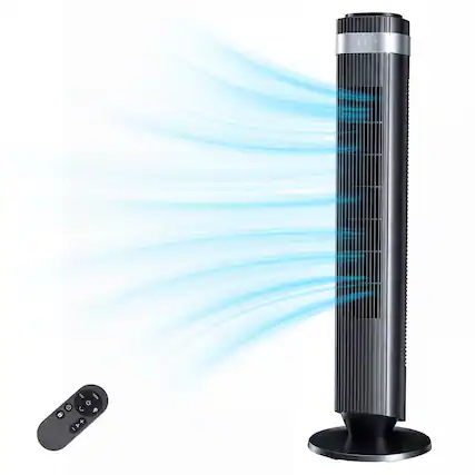 Front. Sweet - 36" Bladeless Tower Fan with 5 Speeds, 64° Oscillation, Remote Control & 12-Hour Timer - Black.