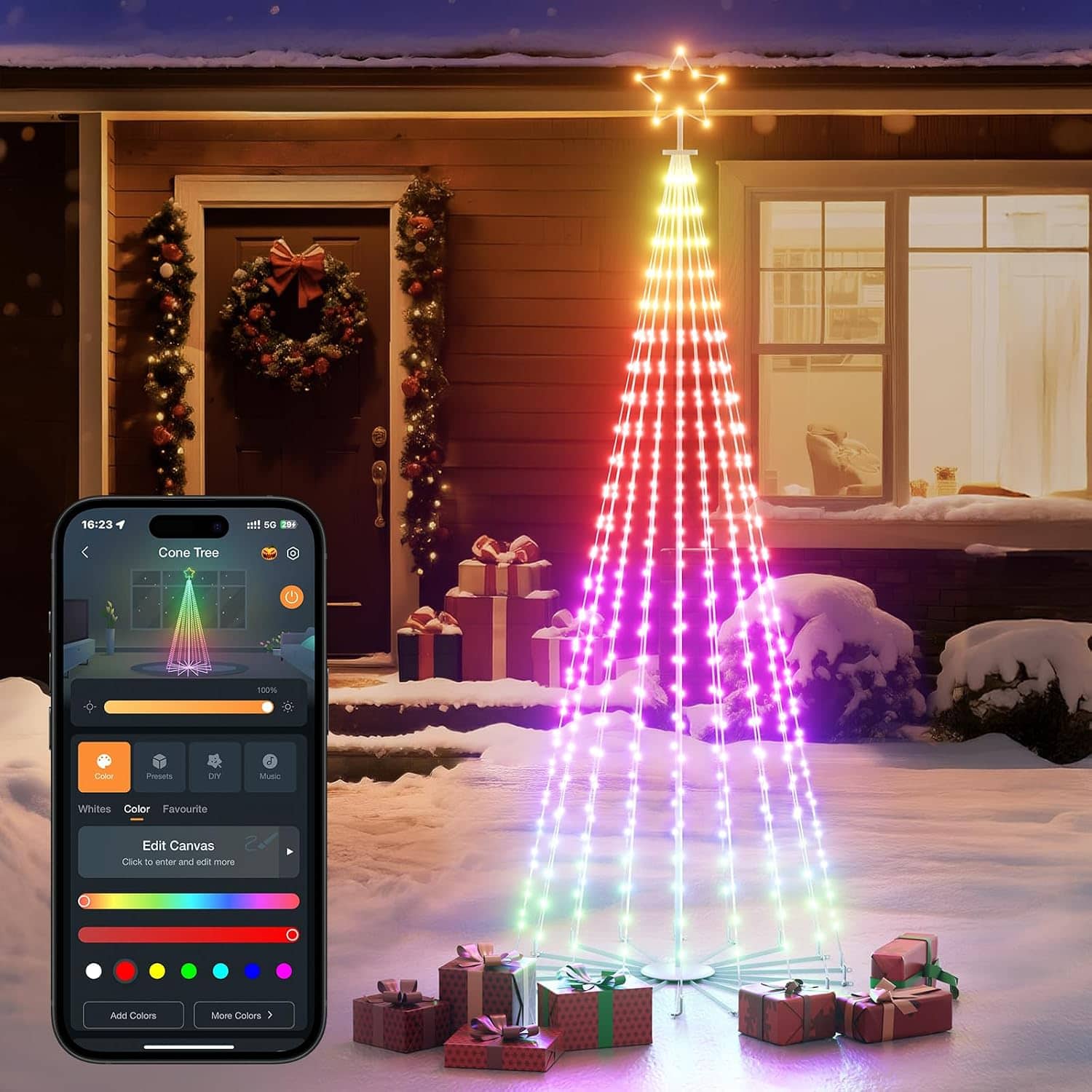 Linkind - Christmas Cone Tree Lights, 7ft 460 LEDs, 85+ Scene Modes, App-Controlled, IP65 Waterproof, Music Sync, Indoor Outdoor - Multicolor