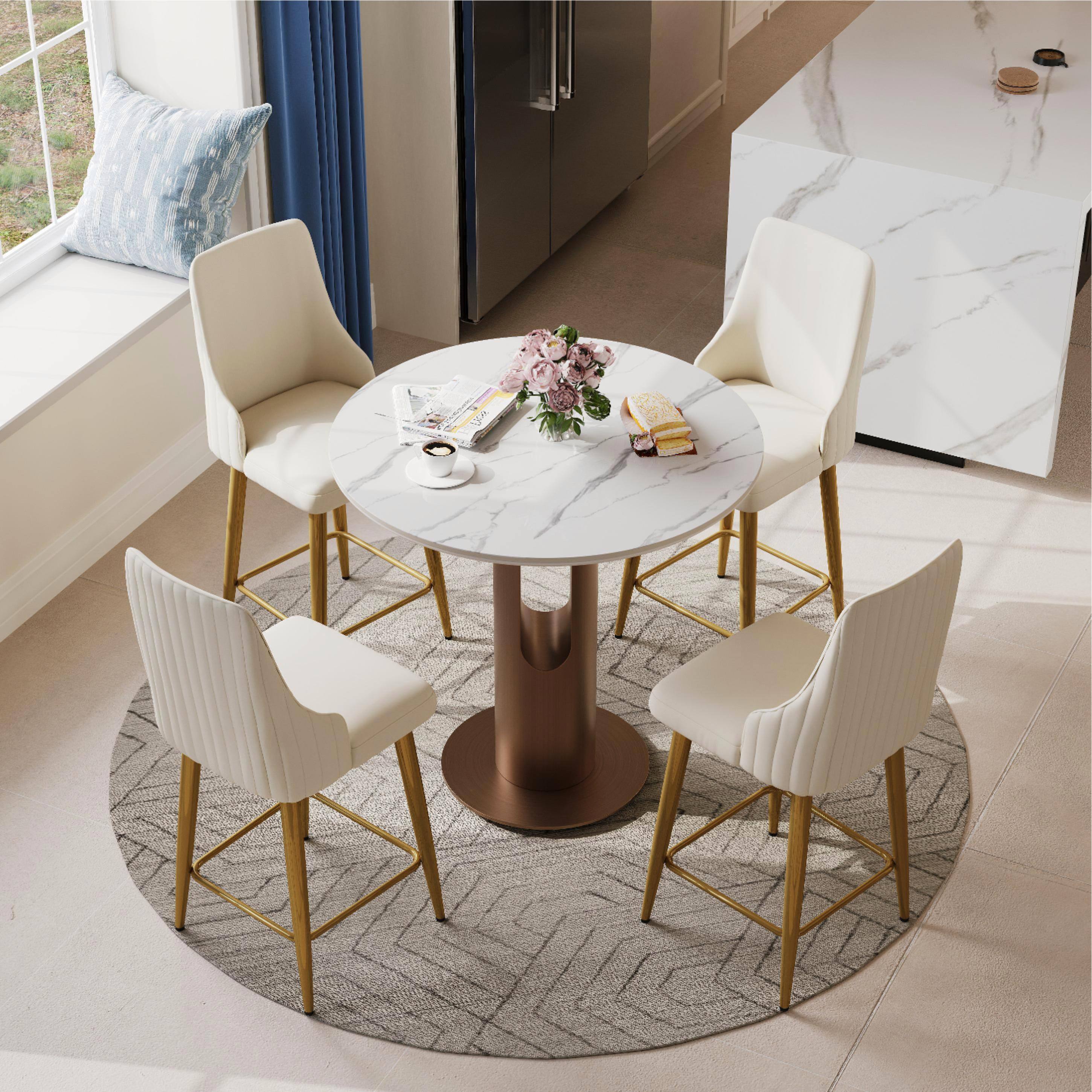 Angle. POVISON - 24" Modern Upholstered Counter Height Bar Stools Set of 2, Counter Stools for Breakfast Nook, Beige & Golden - Beige & Gold PU Leather.