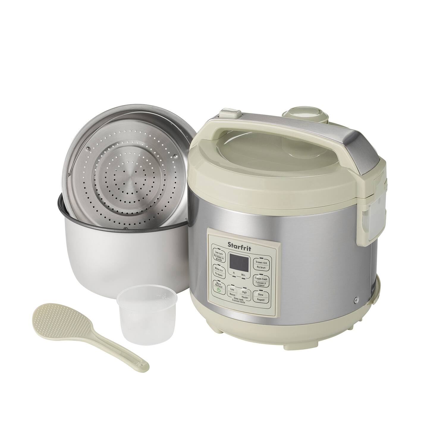 Starfrit

- Start
- Stop
- Menu
- Rice
- Soup
- Steam
- Keep Warm
- Timer
- Cancel
- Start

- 1000W
- 5L Capacity
- Stainless Steel
- Non-Stick Coating
- Easy to Clean