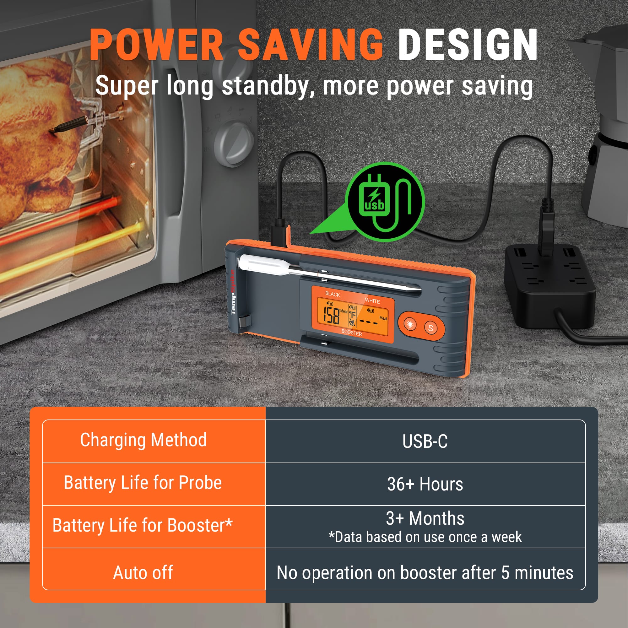 Power Saving Design: Super long standby, more power saving usb Jar BLACK. SNTE - 158 - BODSTIEN S Charging Method: USB-C Battery Life for Probe: 36+ Hours Battery Life for Booster: 3+ Months *Data based on use once a week Auto off: No operation on booster after 5 minutes