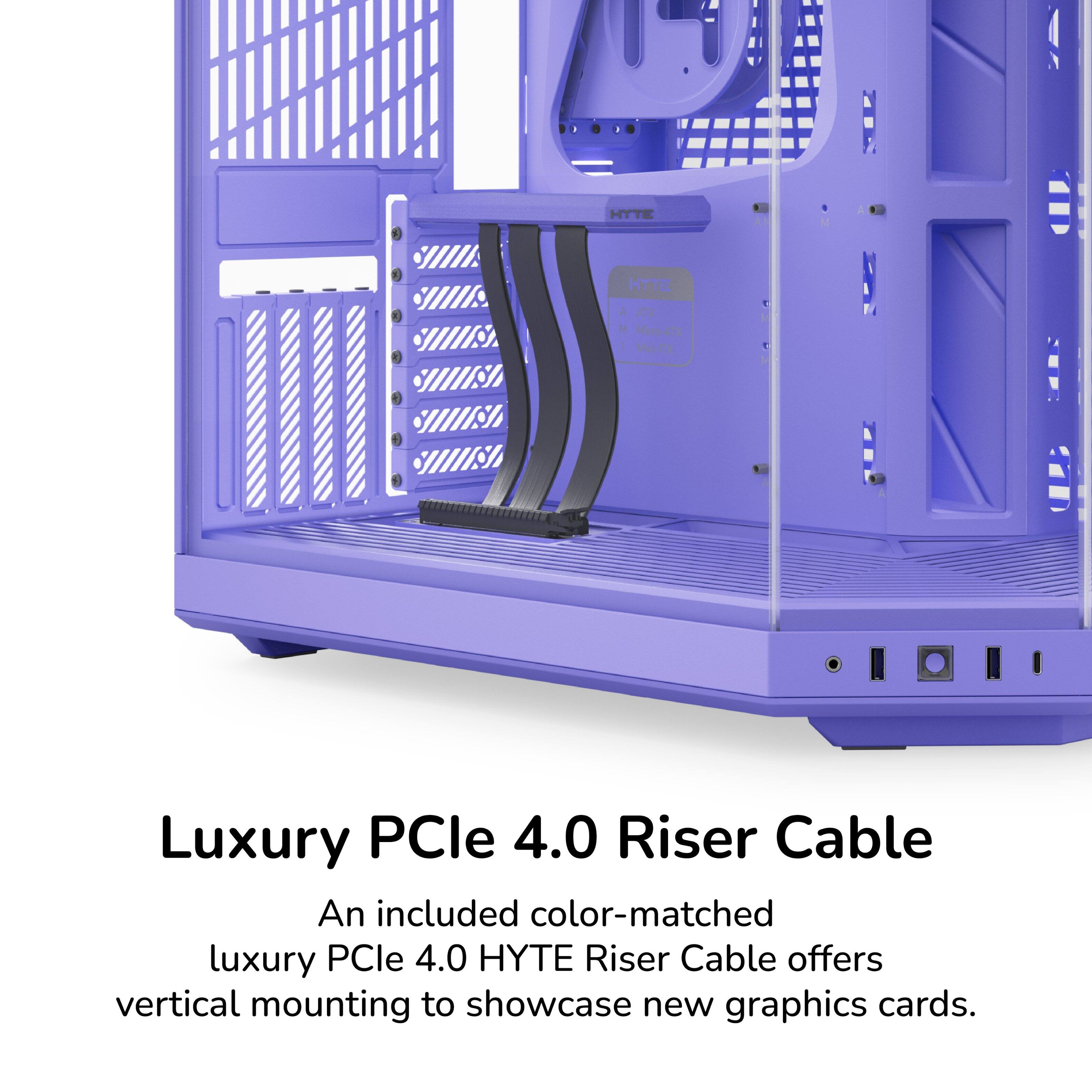 An included color-matched luxury PCIe 4.0 HYTE Riser Cable offers vertical mounting to showcase new graphics cards.