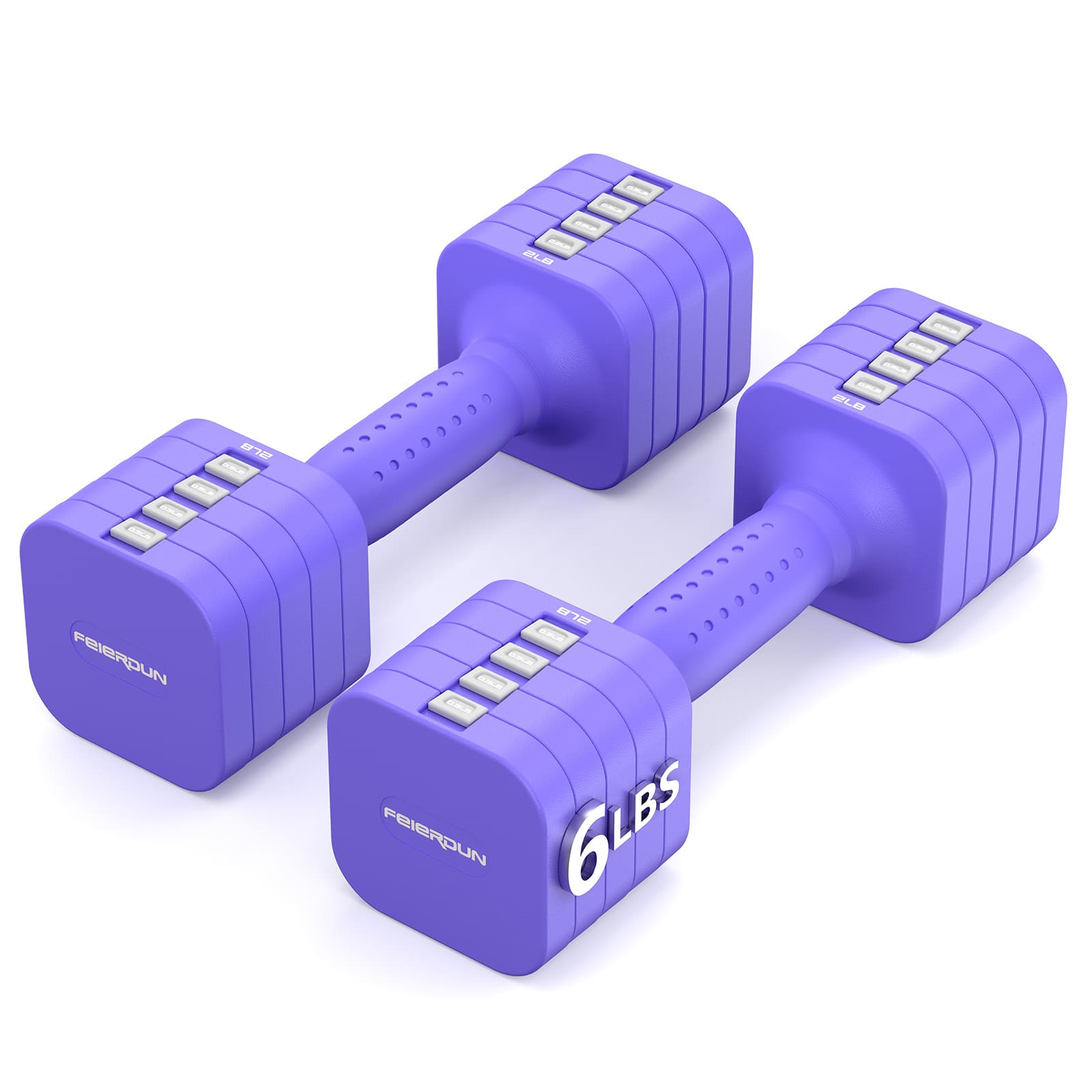FEIERDUN - 5-in-1 Adjustable Dumbbell Set of 2, 1 pair 6LBS Hand Weights for Women, 1s-Adjust Dual-Stable Dumbbell Set - Vivid Purple