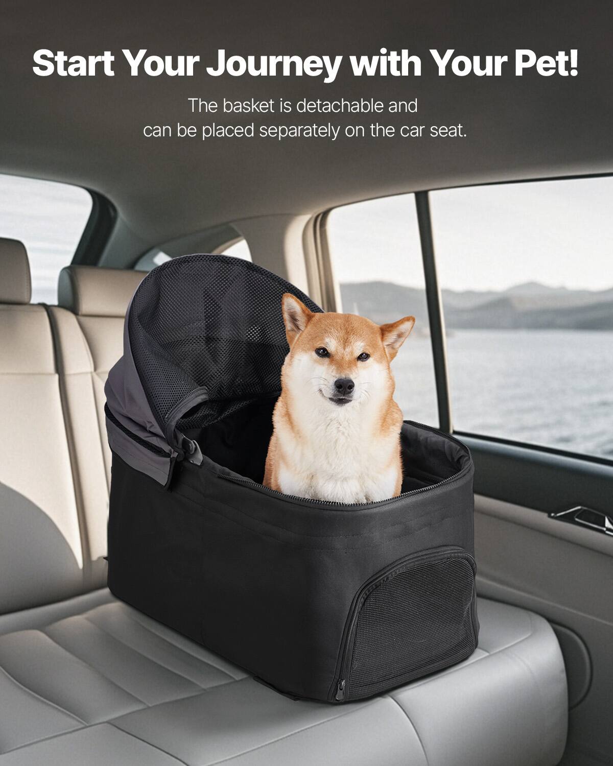 Start Your Journey with Your Pet!  
The basket is detachable and can be placed separately on the car seat.