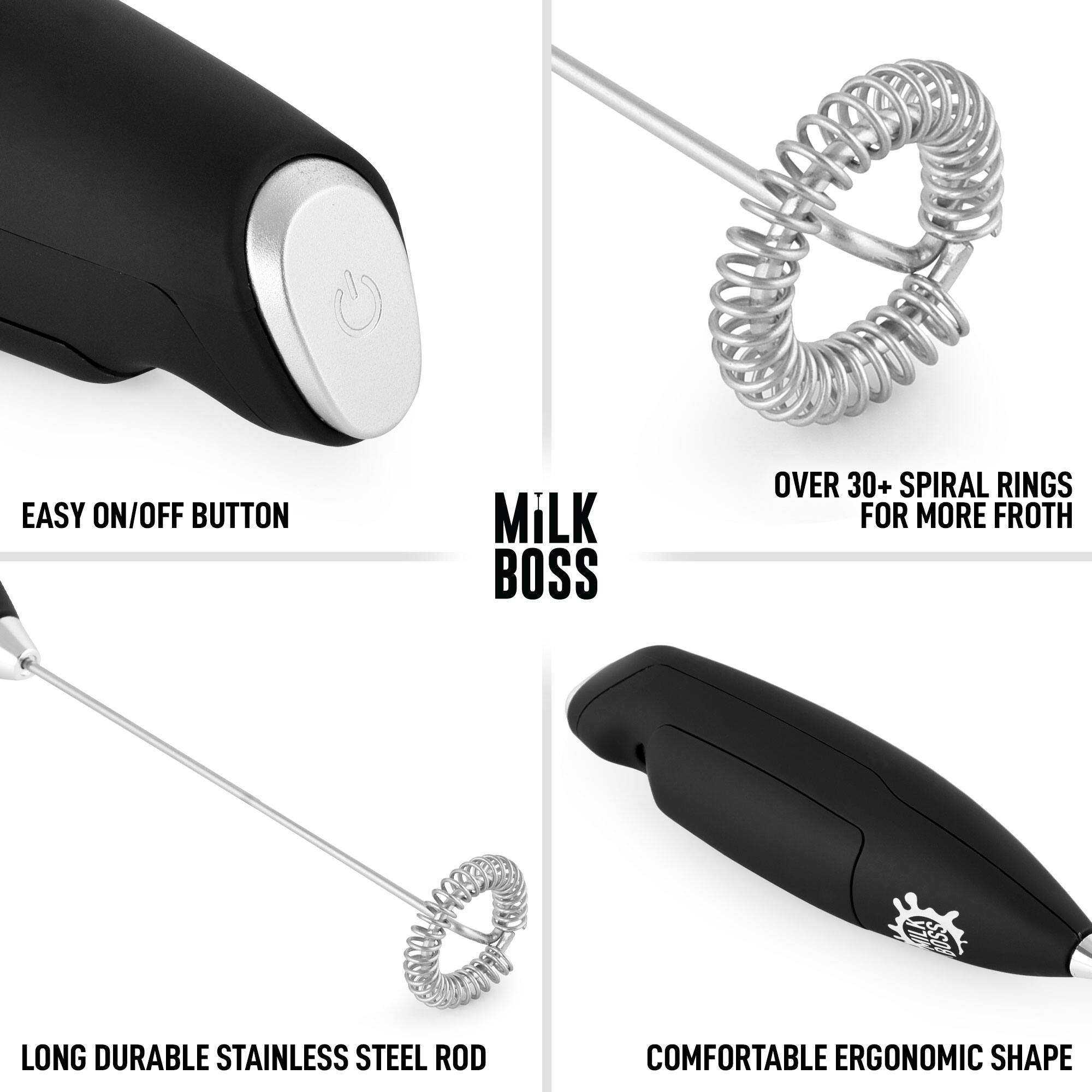 EASY ON/OFF BUTTON  
MILK BOSS  
OVER 30+ SPIRAL RINGS FOR MORE FROTH  
LONG DURABLE STAINLESS STEEL ROD  
COMFORTABLE ERGONOMIC SHAPE