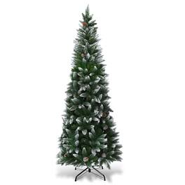 Costway - 7 ft Frosted Pencil Christmas Tree Hinged with 39 Pine Cones - Green/White